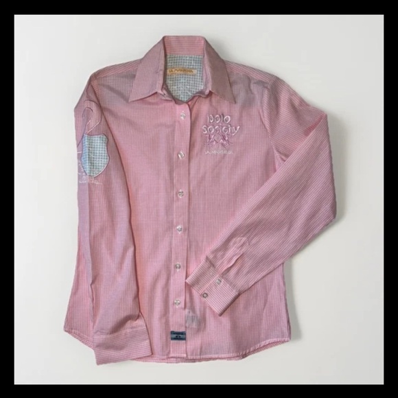 La Martina Women’s Polo Society Pink Gingham Blouse Button Down Size Medium NWOT - Picture 1 of 16